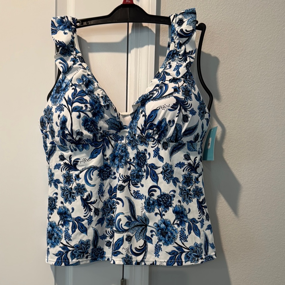 Blue and White Ruched Sleeveless Tankini Top Brand New with tags